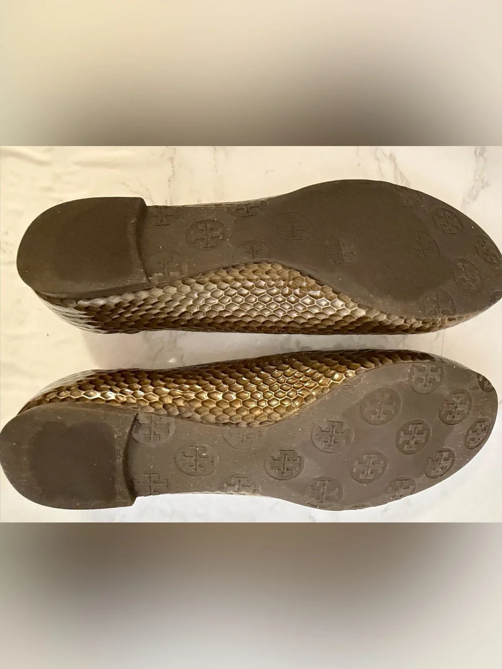 Tory Burch Chocolate Brown Snakeskin Logo Ballet Flats